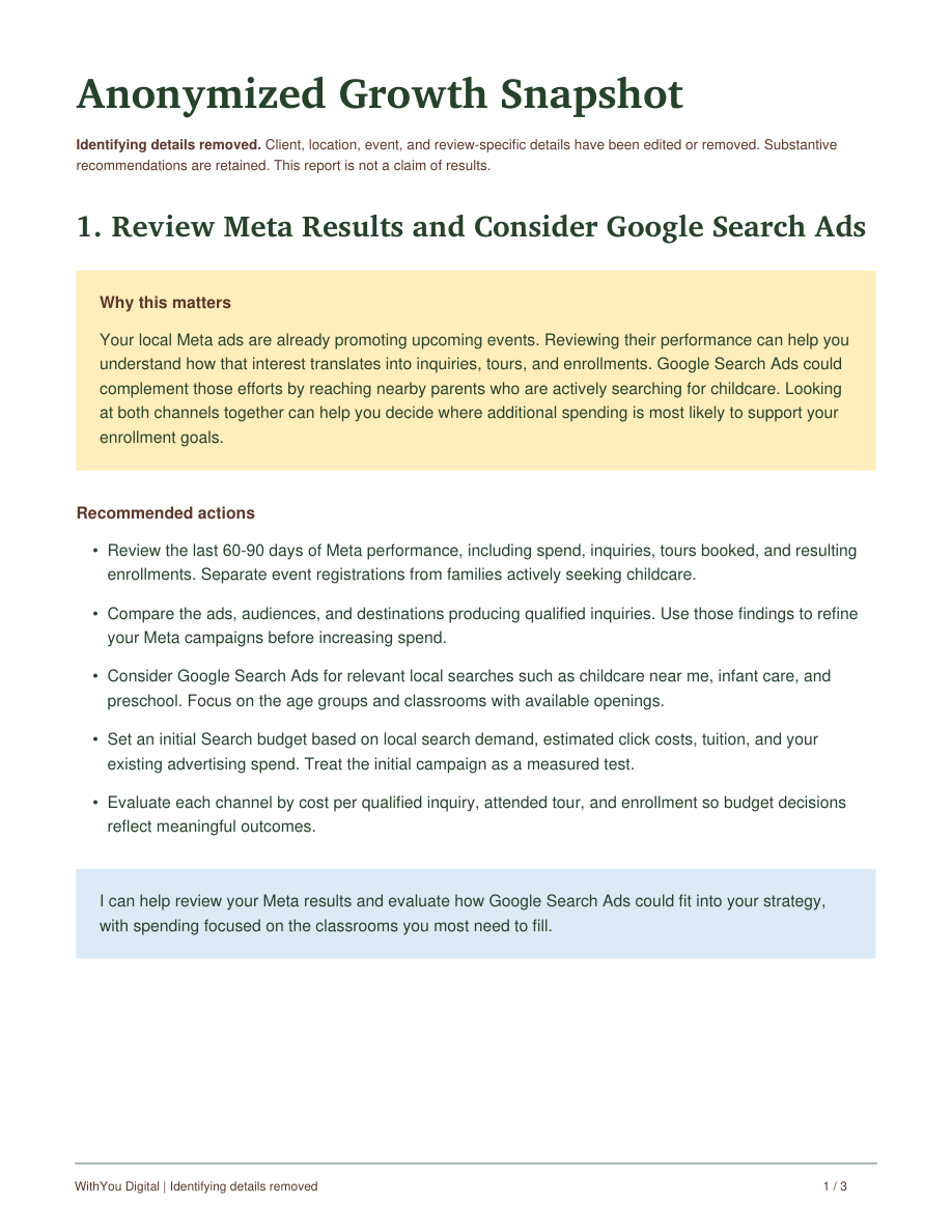 Page 1 of the anonymized Growth Snapshot: reviewing Meta performance and considering Google Search Ads. Full text is available in the PDF.