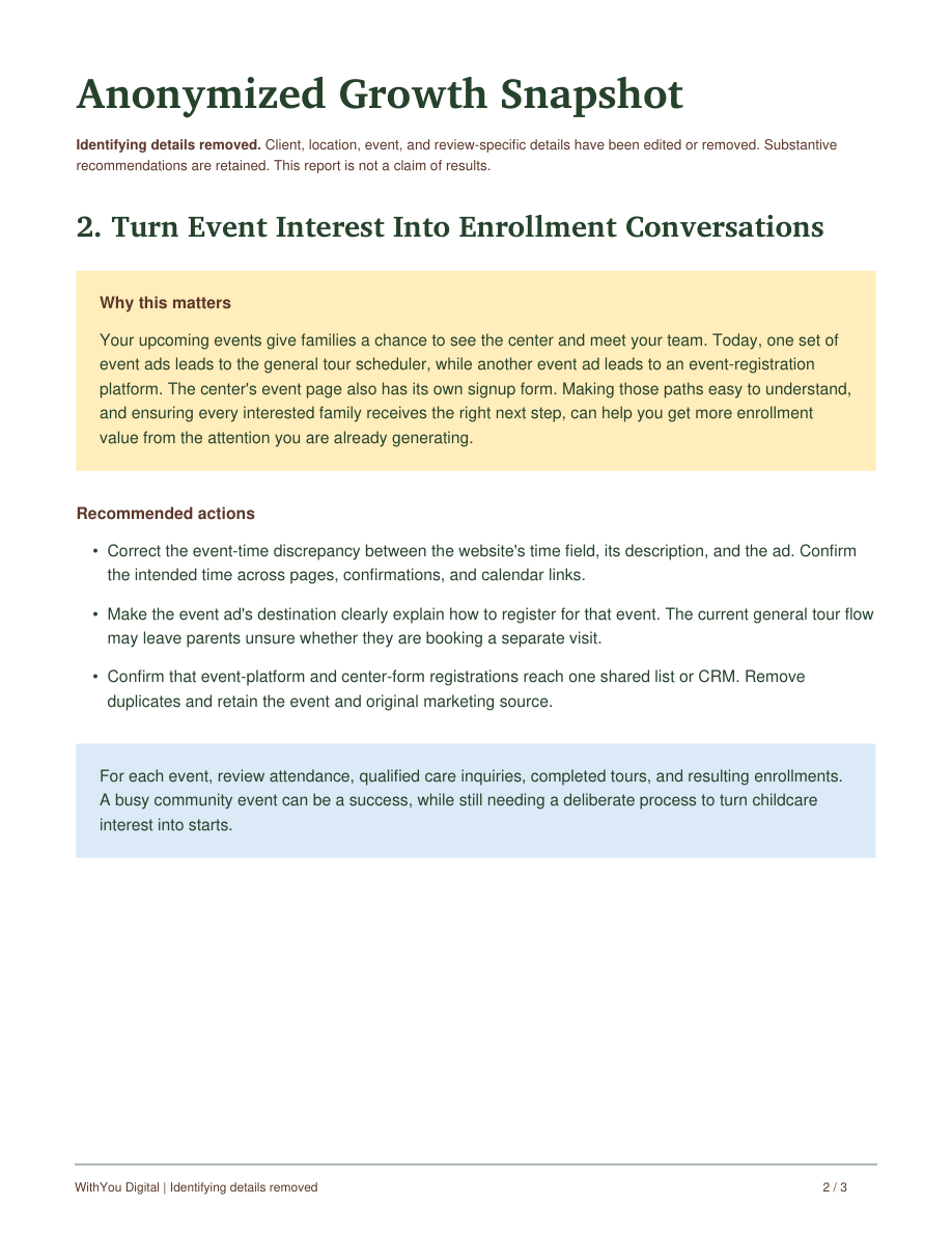 Page 2 of the anonymized Growth Snapshot: event registration and enrollment follow-up recommendations. Full text is available in the PDF.