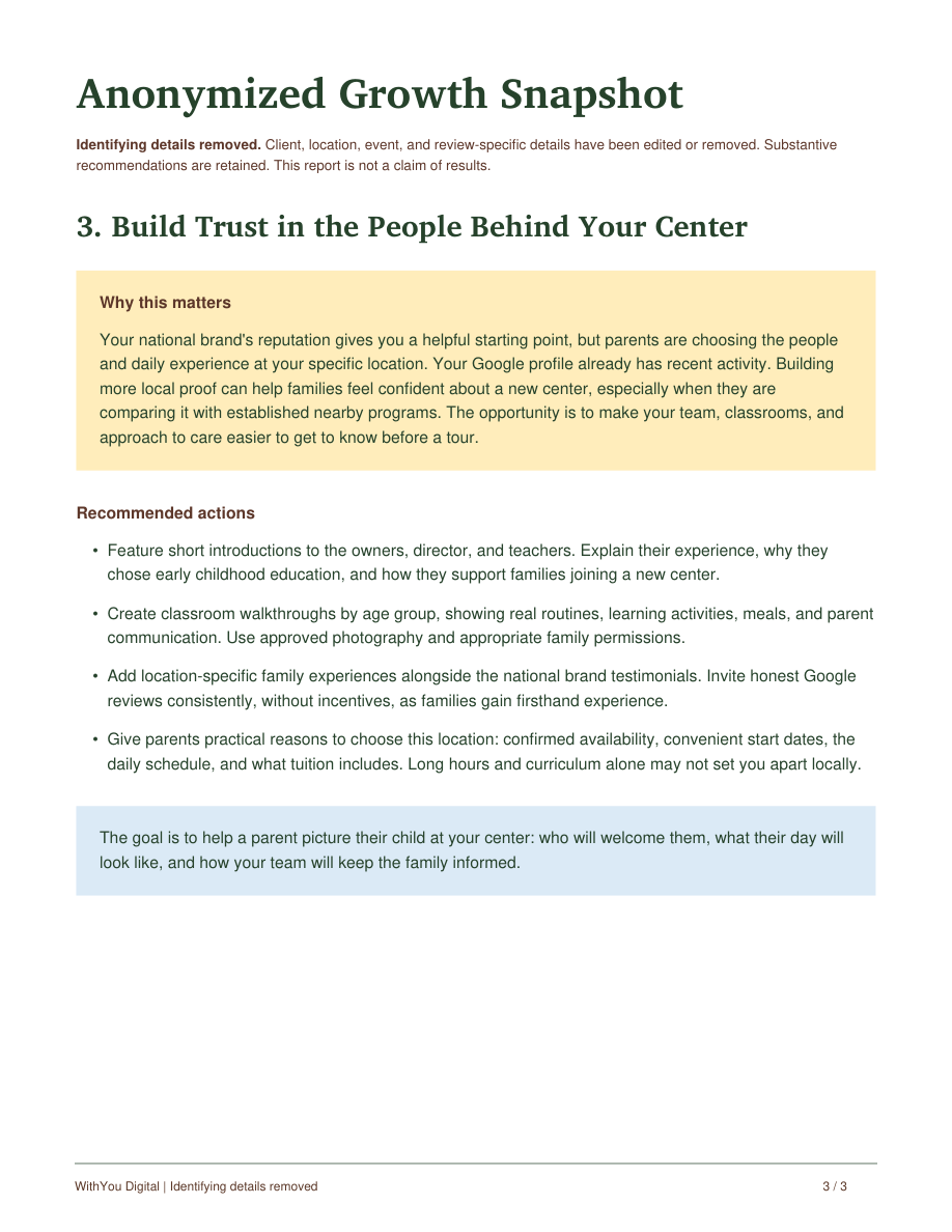 Page 3 of the anonymized Growth Snapshot: introducing the team and building local parent trust. Full text is available in the PDF.