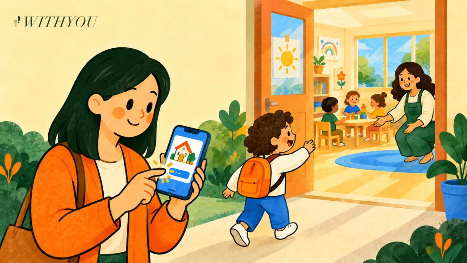 A mother taps a childcare ad on her phone as her child enters a preschool classroom and is welcomed by a teacher.