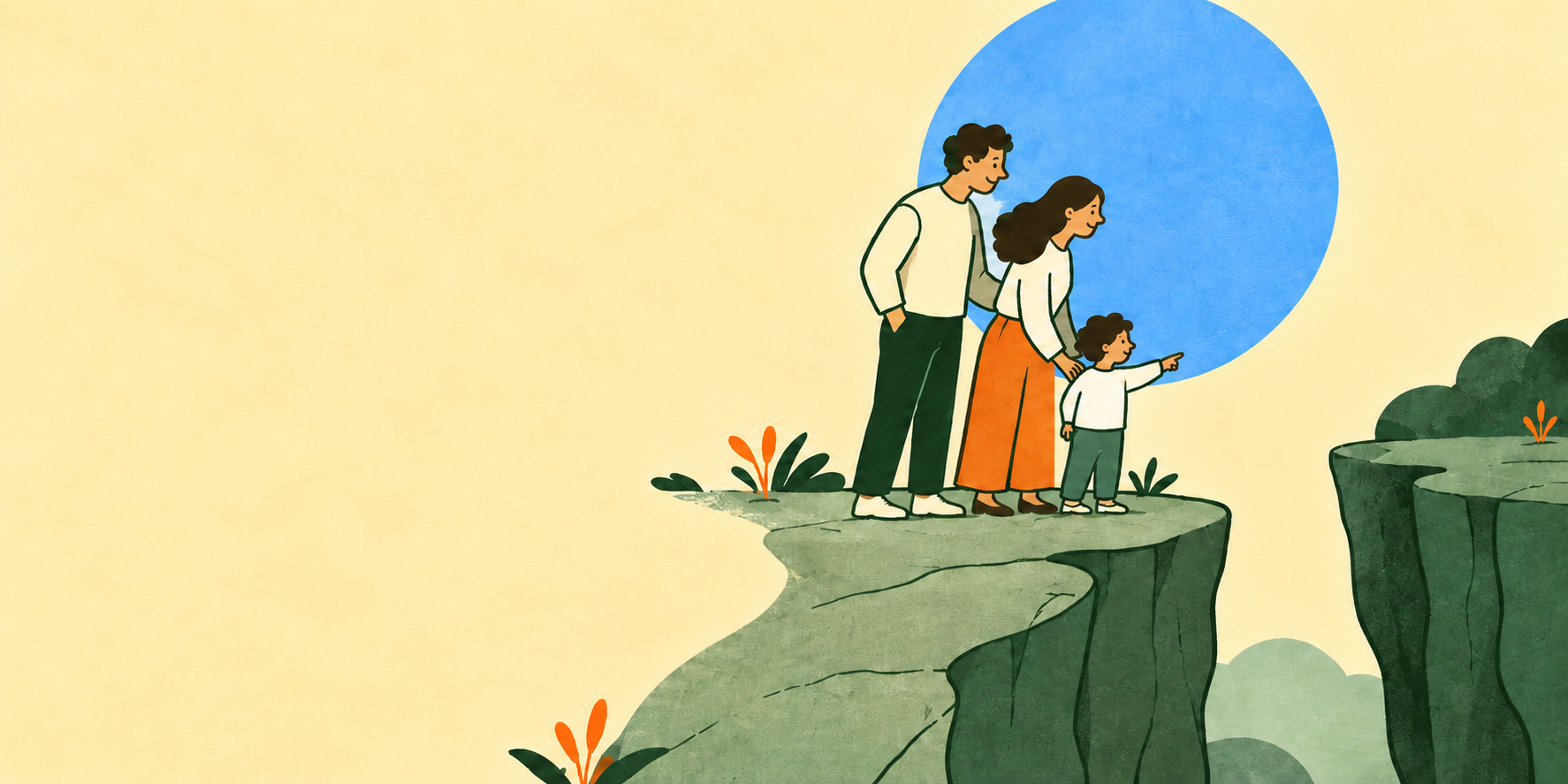 A family stands together on a cliff, looking toward the path ahead.