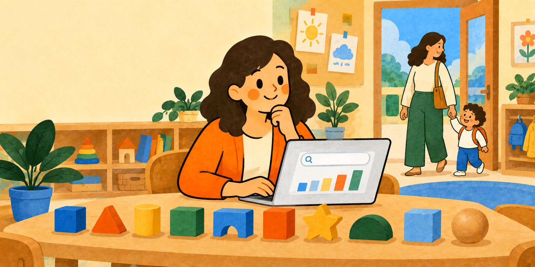 A childcare owner reviews a laptop beside ten learning blocks as a parent and child arrive at preschool.