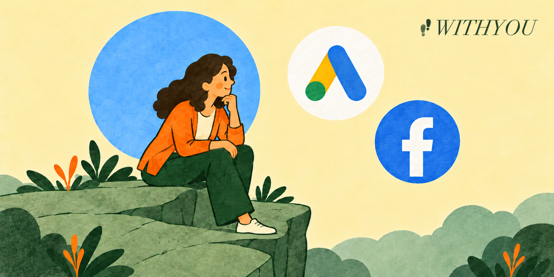 A thoughtful woman sits on a green ledge, considering the Google Ads and Facebook symbols.