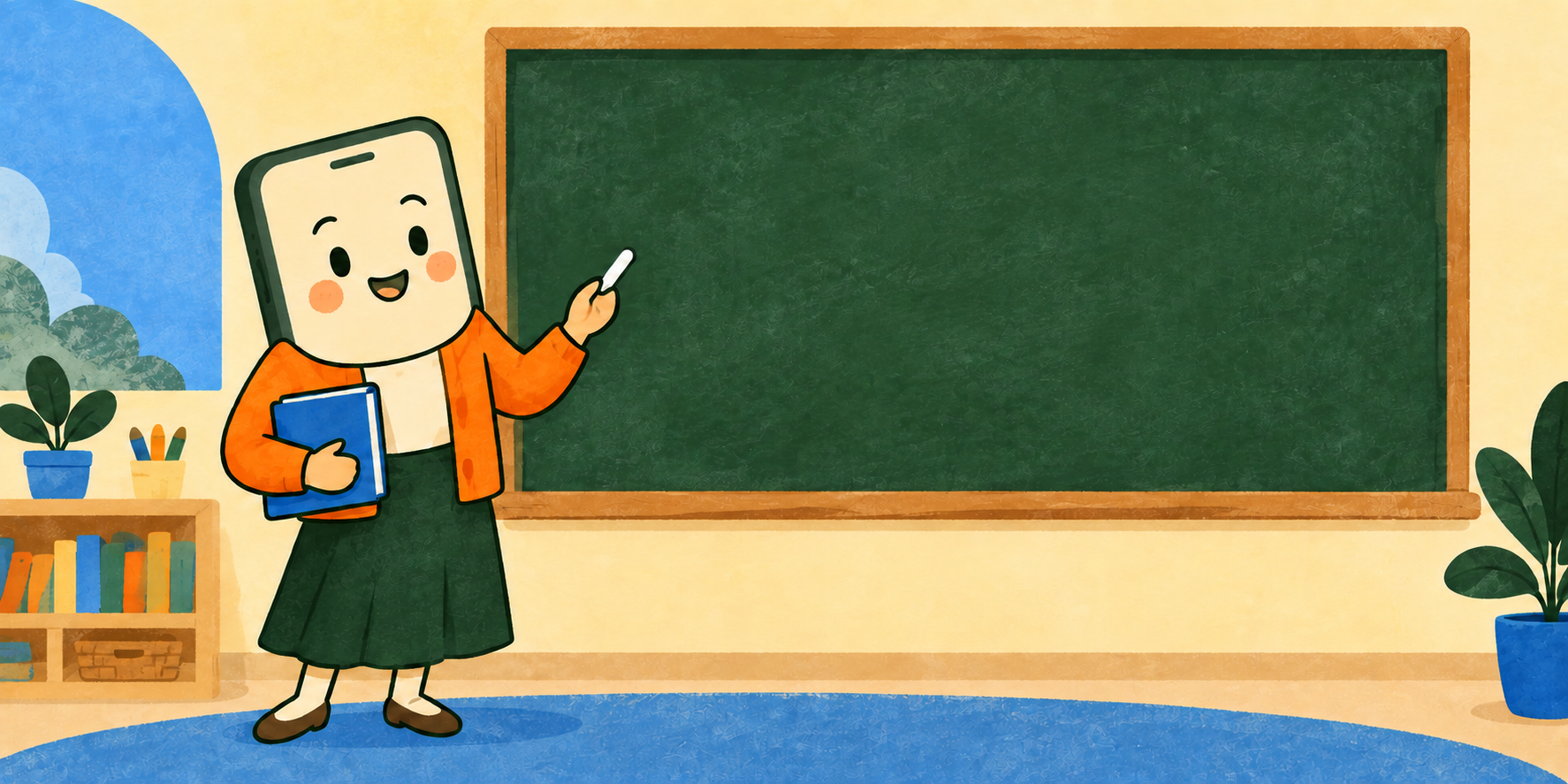 A cheerful phone dressed as a teacher stands before a blank preschool chalkboard.